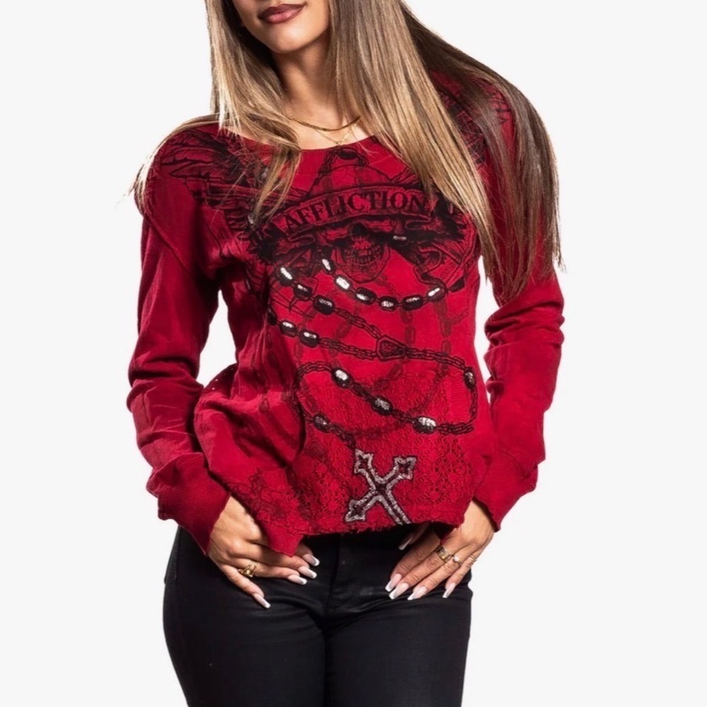 Affliction Scythe LS Scoop Red Lace Back Graphic Top Cross Sequins  M
